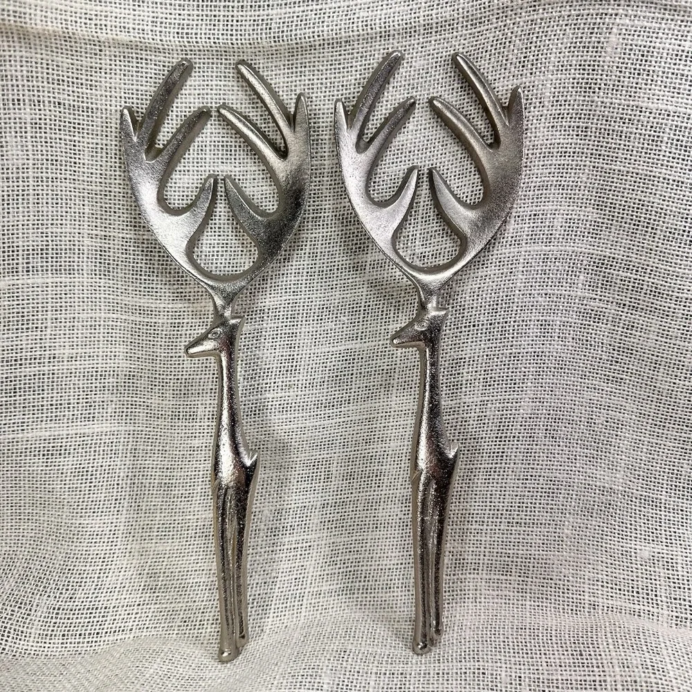 Pottery Barn Reindeer Stag Salad Serving Forks Metal Rustic‎ Lodge 11 Inch